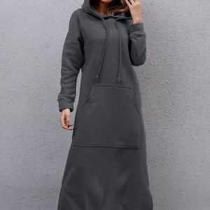 Robe sweat femme longue et grise avec capuche